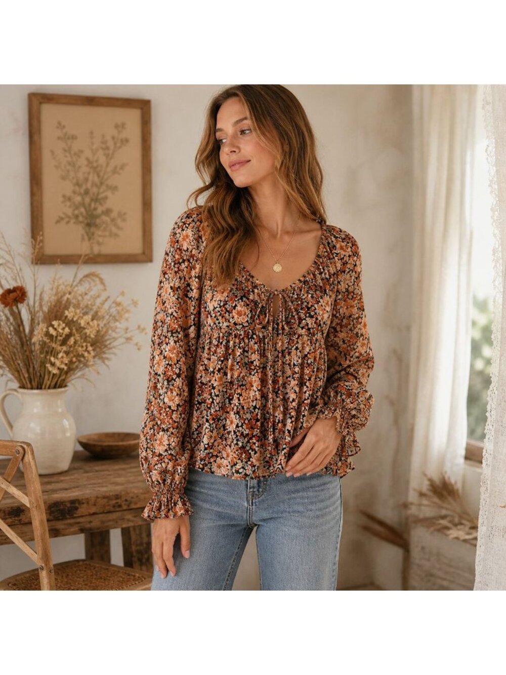 Blu Pepper Floral Peplum Blouse Size M Boho Long Sleeve Tie Front Sheer Top - Picture 3 of 16